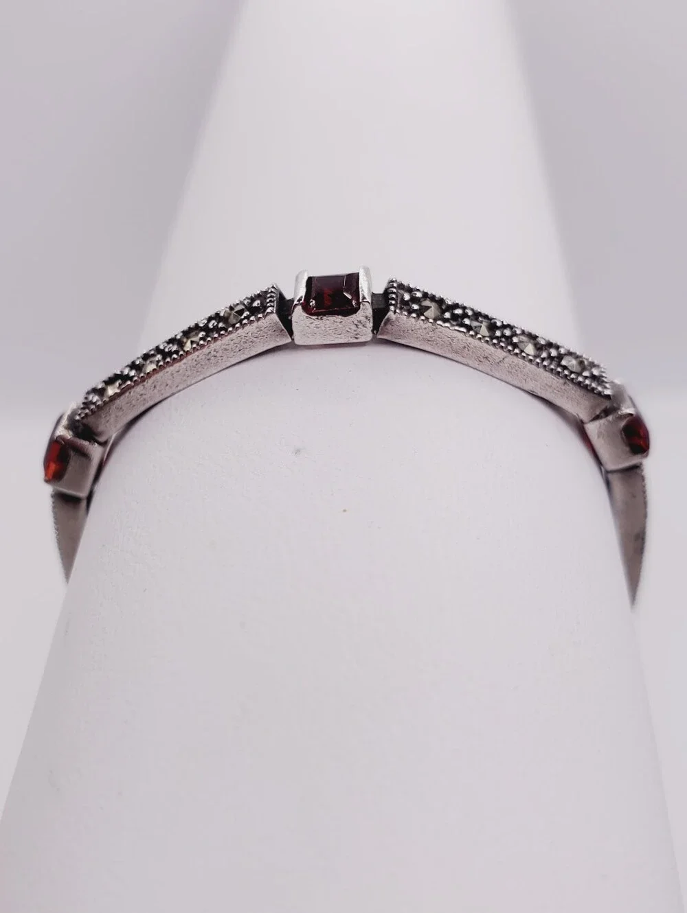 Sterling Silver Marcasite Bangle with Garnet Accents 2.75 Carat